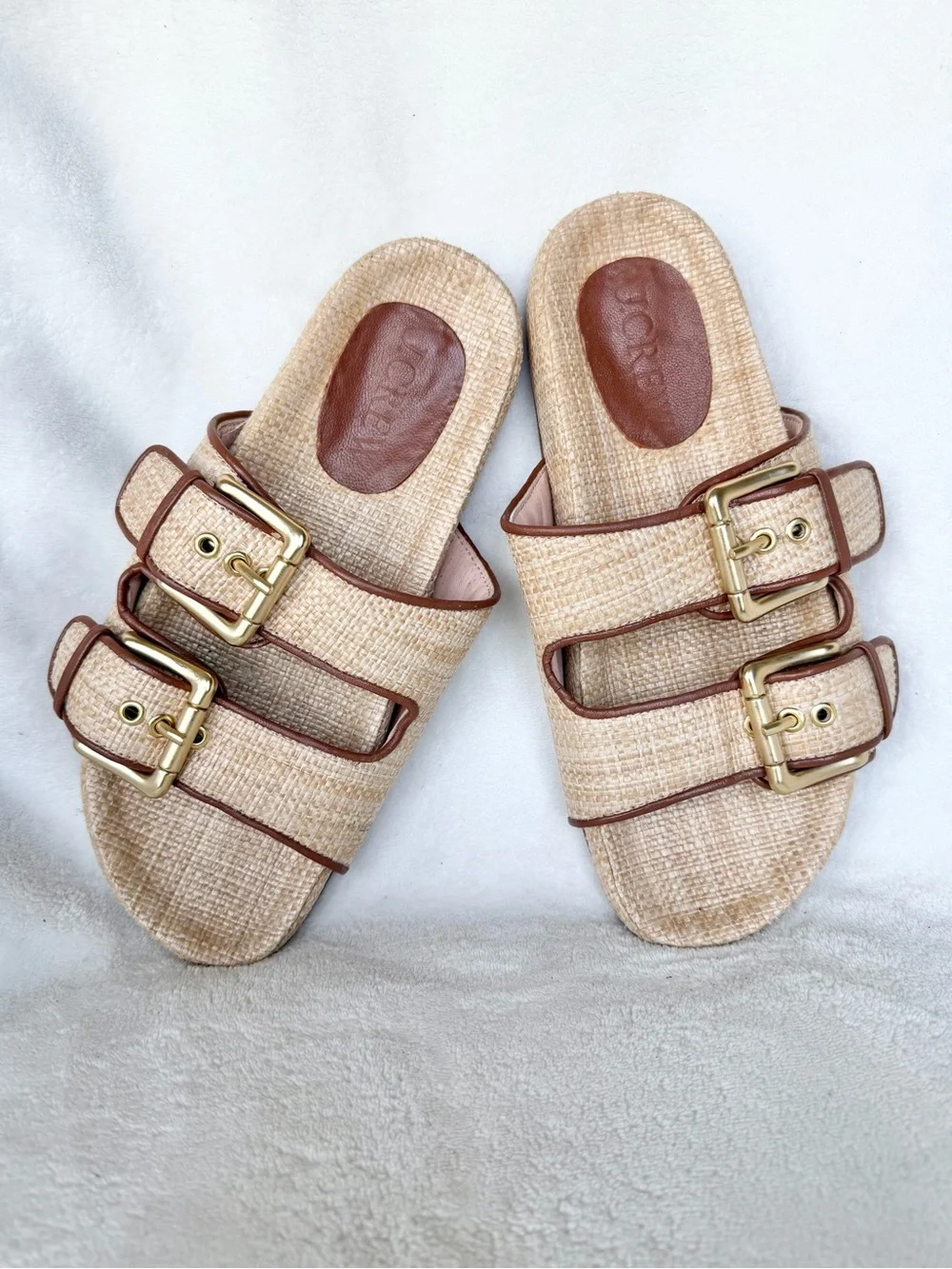 J.Crew Raffia Double Strap Buckle Slide Sandals Leather Womens 6.5Preppy  Resort